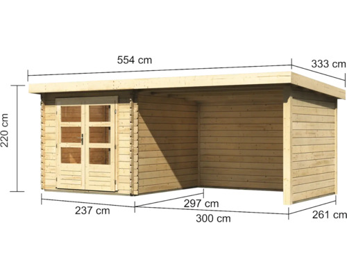 Abbildung eines Gartenhauses aus Holz mit Maßangaben
