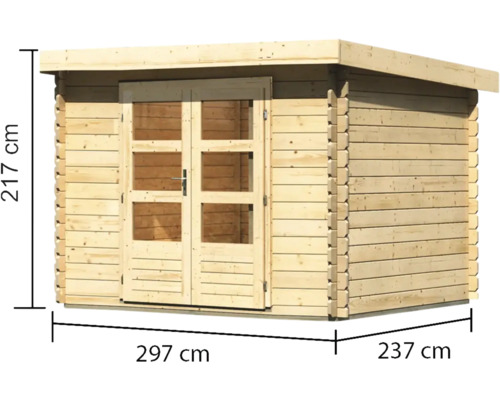 Abri de jardin en bois avec des dimensions de 217 cm de hauteur, 297 cm de largeur et 237 cm de profondeur.