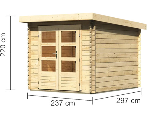 Abri de jardin en bois avec porte double et les dimensions suivantes : 220 cm de hauteur, 237 cm de largeur de porte et 297 cm de largeur d’abri.