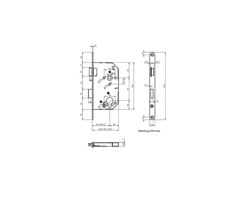 Technische Zeichnung eines Einsteckschlosses mit Maßangaben