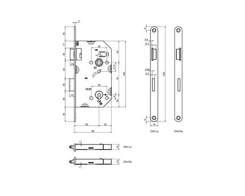 Dessin technique d''une serrure à mortaiser avec indications de dimensions