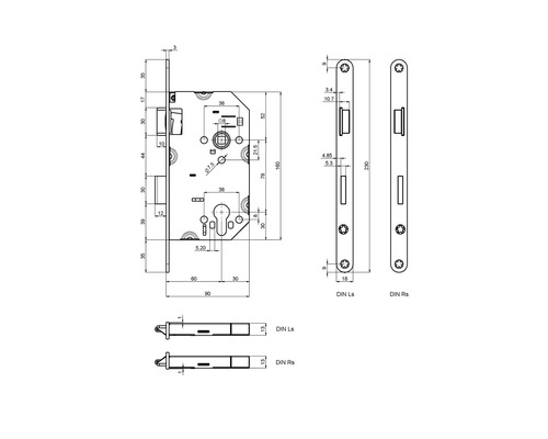 Schéma technique d''une serrure à mortaiser avec dimensions