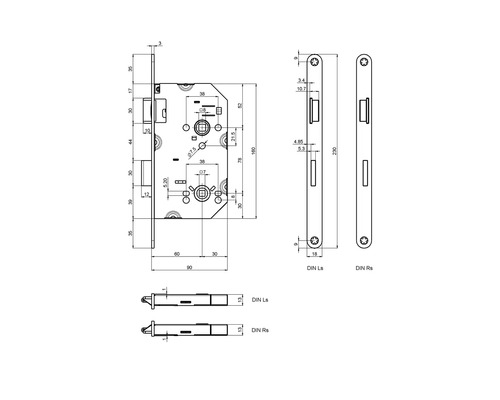 Dessin technique d''une serrure à mortaise avec indications de dimensions