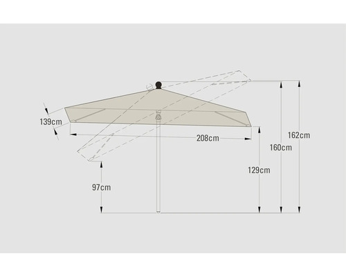 Dimensionsdarstellung eines Sonnenschirms mit Höhen- und Breitenangaben