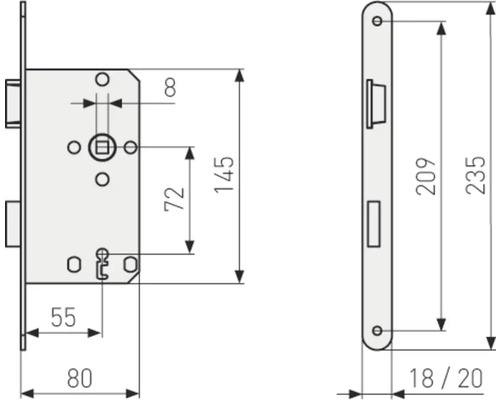 Schéma technique d''une serrure à mortaiser avec indications de dimensions