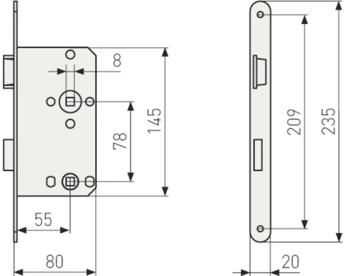 Dessin technique d''une serrure à mortaise avec cotes