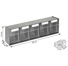 Regal mit sechs transparenten Vorratsbehältern zur Wandmontage, Abmessungen sind dargestellt