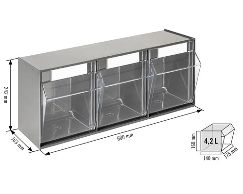 Trois boîtes à déversement transparentes mesurant 600 x 242 x 163 millimètres avec une capacité de 4,2 litres