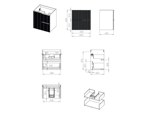 Schéma technique d''un meuble de salle de bains avec les dimensions