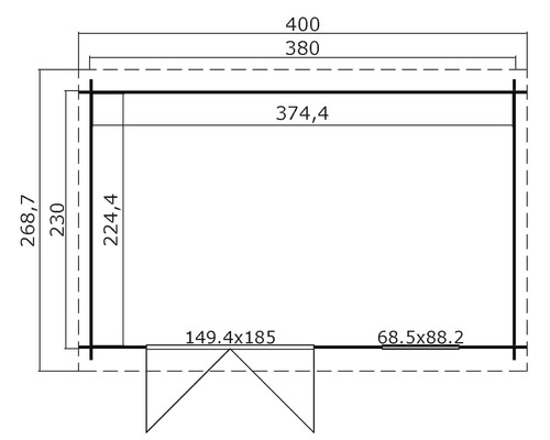 Grundrisszeichnung eines Gartenhauses mit Massangaben