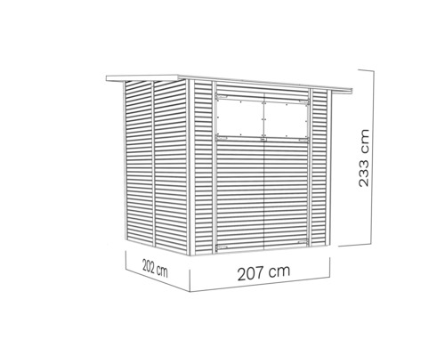 Illustration d''un abri de jardin avec fenêtre et dimensions 233 x 202 x 207 cm.