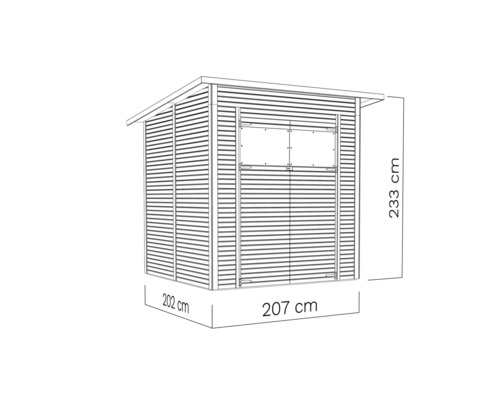 Illustration d''un abri de jardin mesurant 202 cm x 207 cm x 233 cm