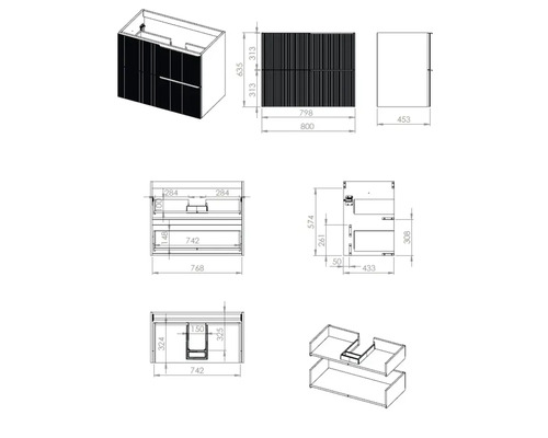 Dessin technique d''un meuble sous-lavabo avec indications de dimensions