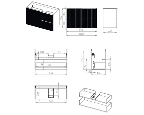Dessin technique d''un meuble sous-lavabo avec indications de dimensions