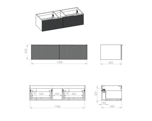 Dessin d''un meuble sous-lavabo avec dimensions