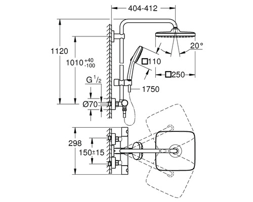 Schéma technique d''un système de douche avec dimensions.