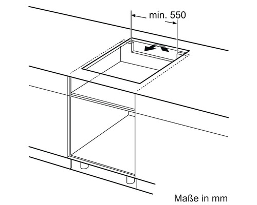 Einbauanleitung für ein Kochfeld mit Angabe der Mindesthöhe in Millimetern.