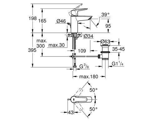 Schéma technique d''un robinet avec indications de mesure