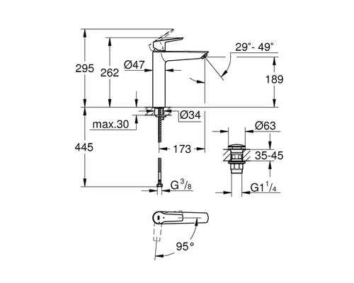 Schéma technique d''un mitigeur de lavabo avec indications de dimensions