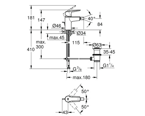 Schéma technique d''un robinet avec indication des dimensions