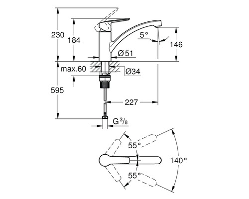 Schéma technique d''un robinet de cuisine avec dimensions.