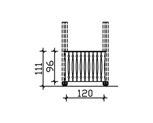 Technische Zeichnung eines Geländers mit den Maßen 111 mal 120 mal 96 Millimeter