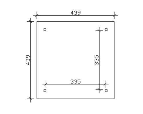 Dessin technique d''une plaque carrée de dimensions 439 x 439 avec des perçages espacés de 335