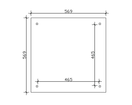 Dessin technique d''une plaque carrée mesurant 569 x 569 millimètres et un marquage carré interne de 465 x 465 millimètres.