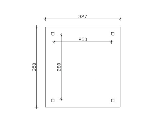 Dessin technique d''une plaque carrée avec perçages et indications de dimensions