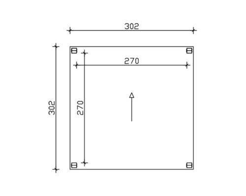 Dessin technique d''une plaque carrée de dimensions 302 x 302 mm et points de fixation internes à 270 mm.