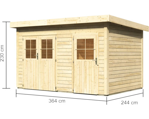 Abri de jardin en bois avec double porte et porte simple, 364 cm de large, 244 cm de profondeur et 230 cm de haut