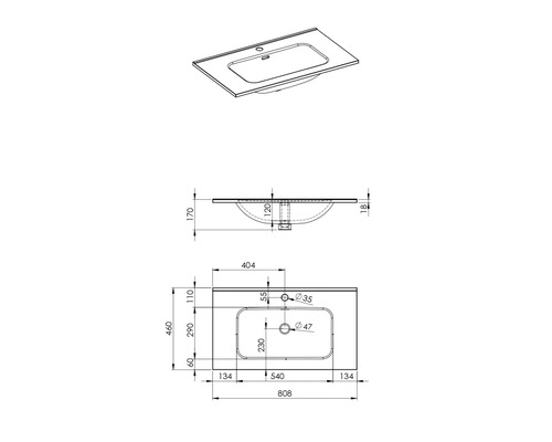 Technische Zeichnung eines Waschtischs mit Maßangaben