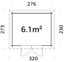 Plan d''un abri de jardin d''une superficie de 6,1 mètres carrés et de dimensions 276 sur 230 sur 320 sur 273 centimètres.
