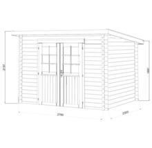 Dessin technique d''un abri de jardin avec double porte et indications de dimensions