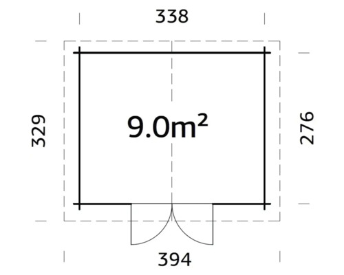 Plan d''un abri de jardin mesurant 338 x 329 centimètres et d''une superficie de 9.0 mètres carrés