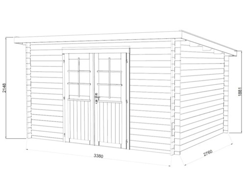Illustration d''un abri de jardin avec porte double et indications de dimensions.