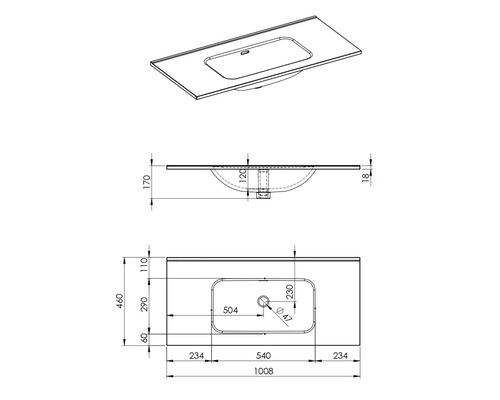 Technische Zeichnung eines Waschtischs mit Maßangaben