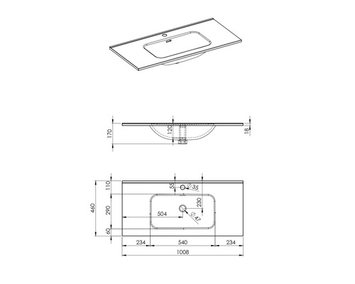 Technische Zeichnung eines Waschtischs mit Maßangaben