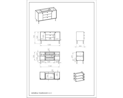 Technische Zeichnung eines Waschtischunterschranks mit Maßen