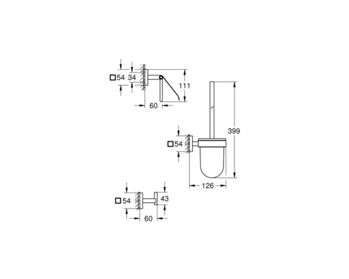 Dessin technique d''une brosse de toilette avec support mural et indications de dimensions