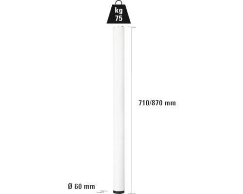 Pied de table blanc mesurant 710/870 mm de long et 60 mm de diamètre, capacité de charge 75 kg