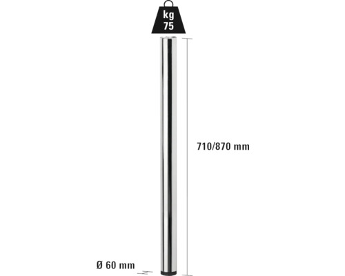 Tischbein aus Metall, Durchmesser 60 Millimeter, Höhe 710 bis 870 Millimeter, Belastbarkeit 75 Kilogramm