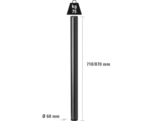 Poteau avec dimensions 710/870 mm, diamètre 60 mm et une capacité de charge de 75 kg.