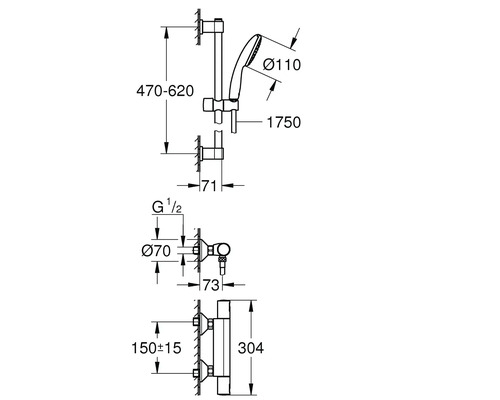 Schéma technique d''un système de douche avec dimensions