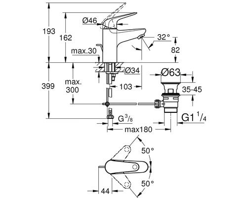 Dessin technique d''un robinet de lavabo avec indication des dimensions