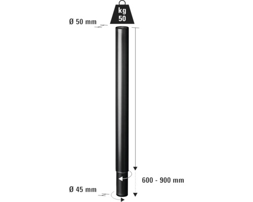 Tube en acier noir avec indications de taille : diamètre de 50 millimètres en haut, diamètre de 45 millimètres en bas, longueur de 600 à 900 millimètres, charge maximale de 50 kilogrammes.