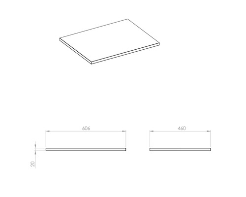 Dessin technique d''un panneau de meuble mesurant 606 x 460 x 20 millimètres.