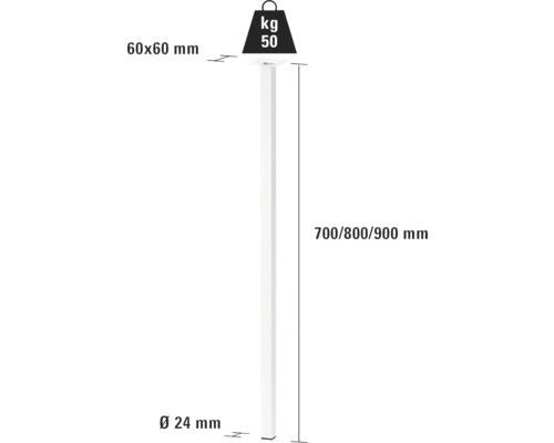 Technische Zeichnung eines Metallrohrs mit den Maßen 60x60 mm, Durchmesser 24 mm und einer Länge von 700, 800 oder 900 mm, Belastbarkeit 50 kg
