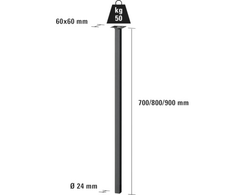 Technische Zeichnung einer Vierkantrohrstütze mit den Maßen 60 x 60 Millimeter, einer Höhe von 700, 800 oder 900 Millimeter und einer Belastbarkeit von 50 Kilogramm.