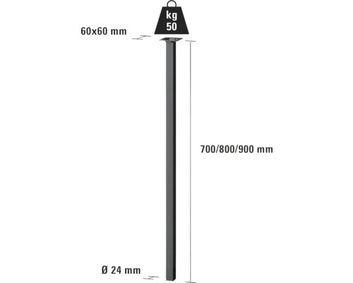 Schéma d''un poteau de clôture mesurant 60 x 60 mm et d''une longueur de 700, 800 ou 900 mm